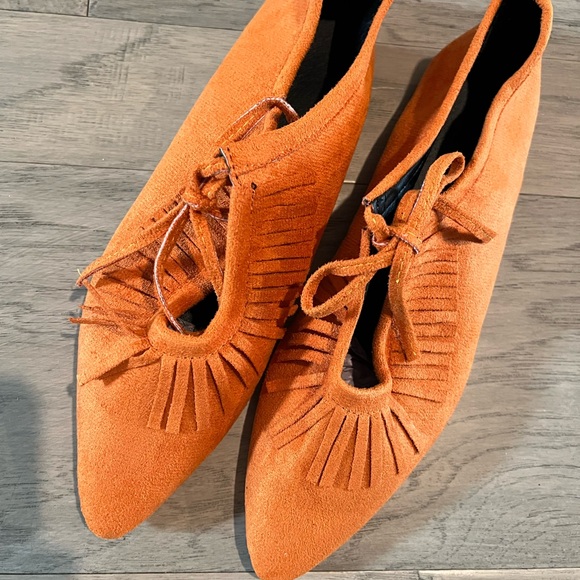 Fringed Faux Suede Orange Tie Front Flats Pointed Shoes - Picture 4 of 7